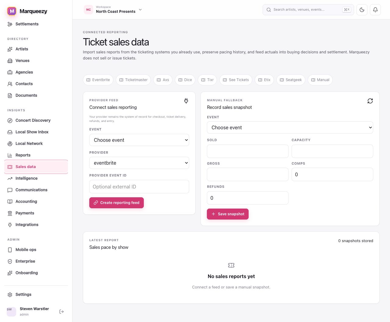 Ticket sales data screen with provider feed and manual sales snapshot forms.