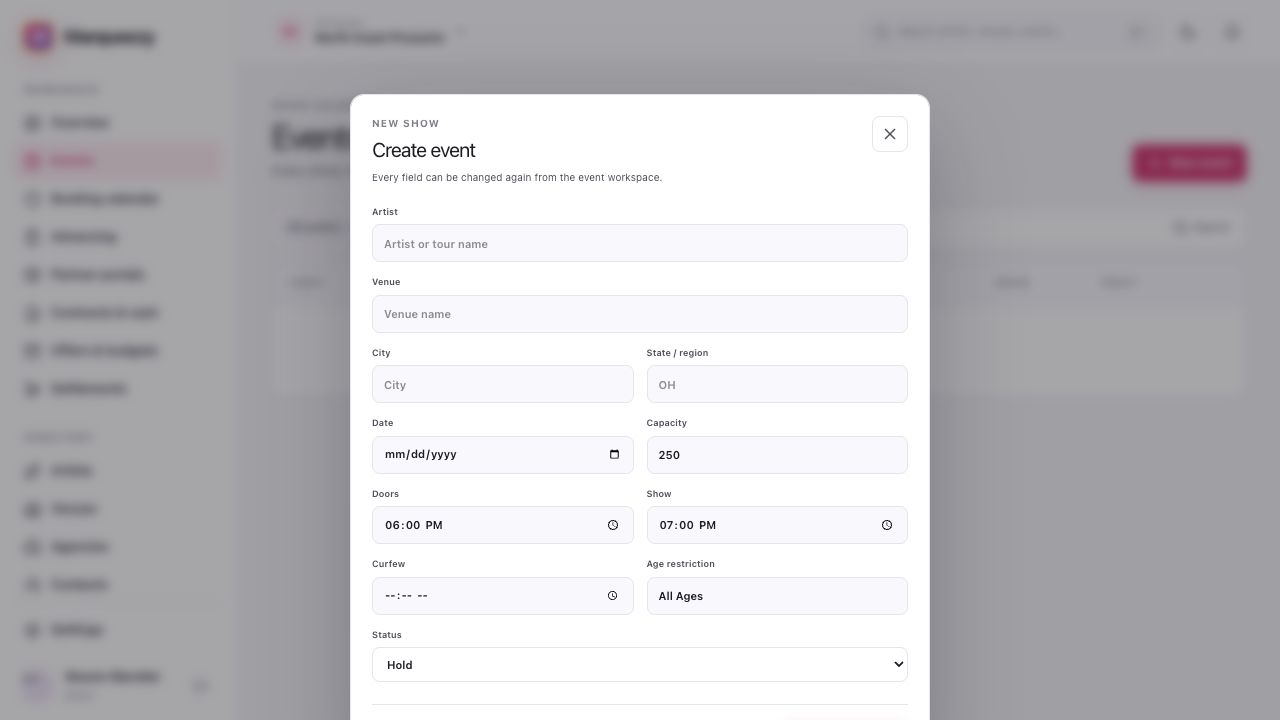 Create event form showing artist, venue, location, date, capacity, schedule, age restriction, and status fields.