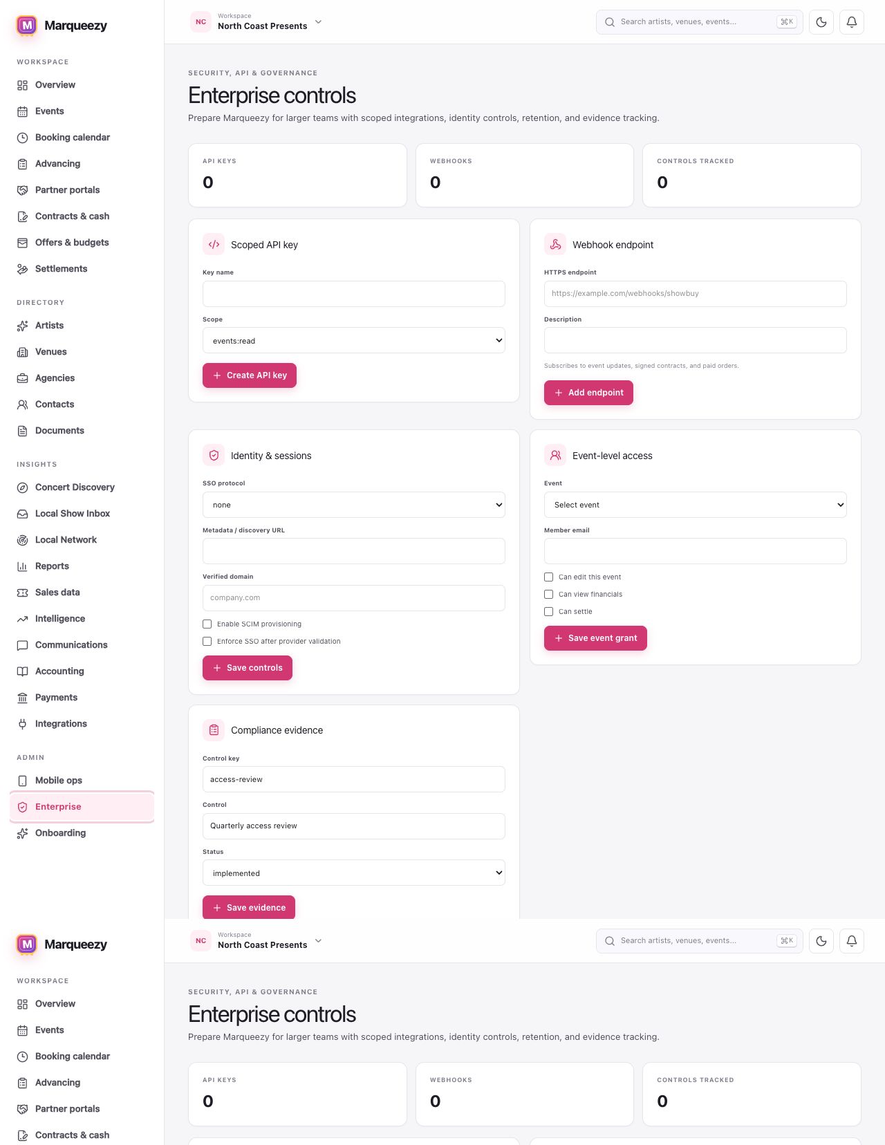 Enterprise controls screen showing scoped API keys, webhooks, identity controls, and event access.