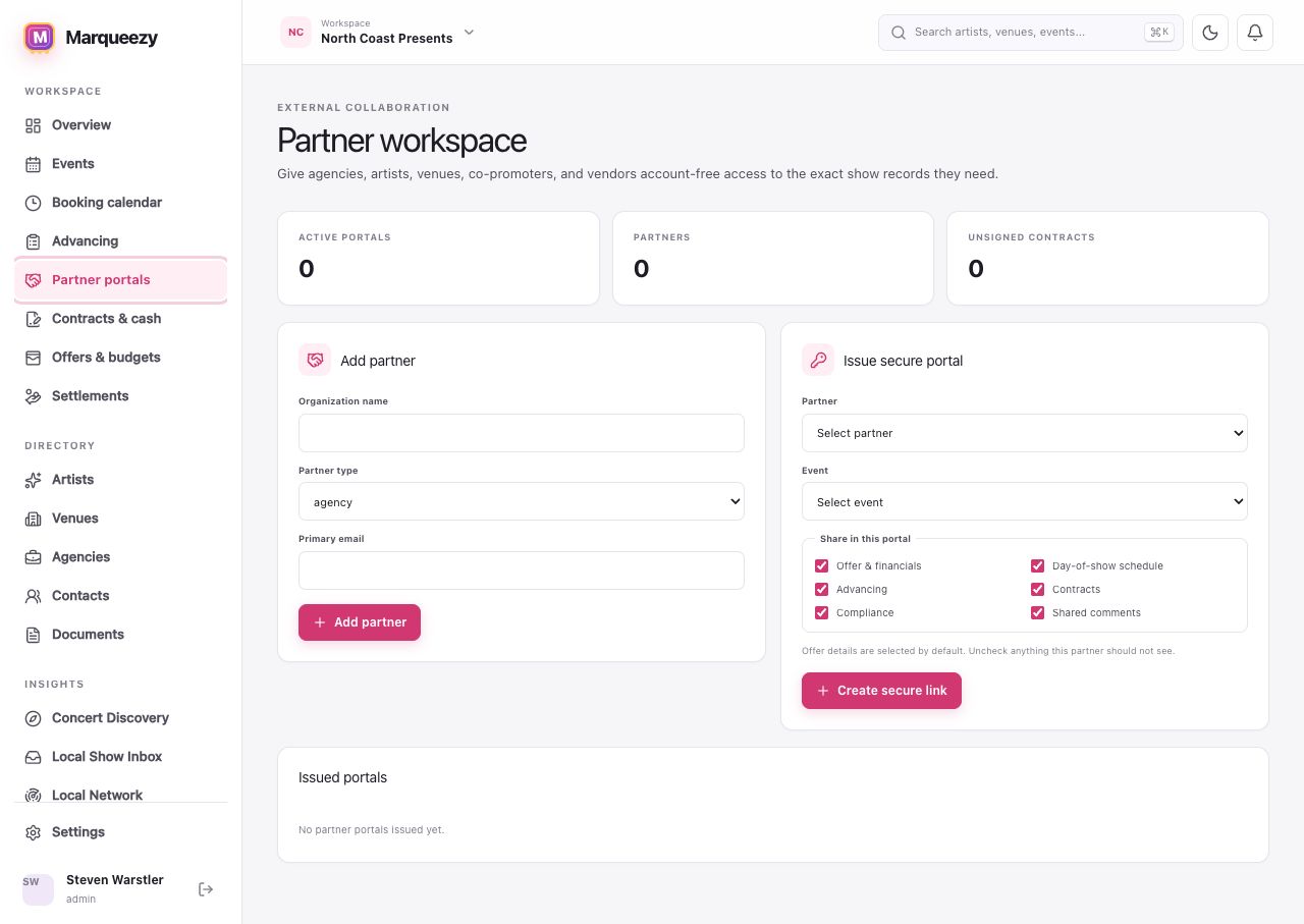 Partner workspace showing forms to add a partner and issue a secure event portal with granular permissions.