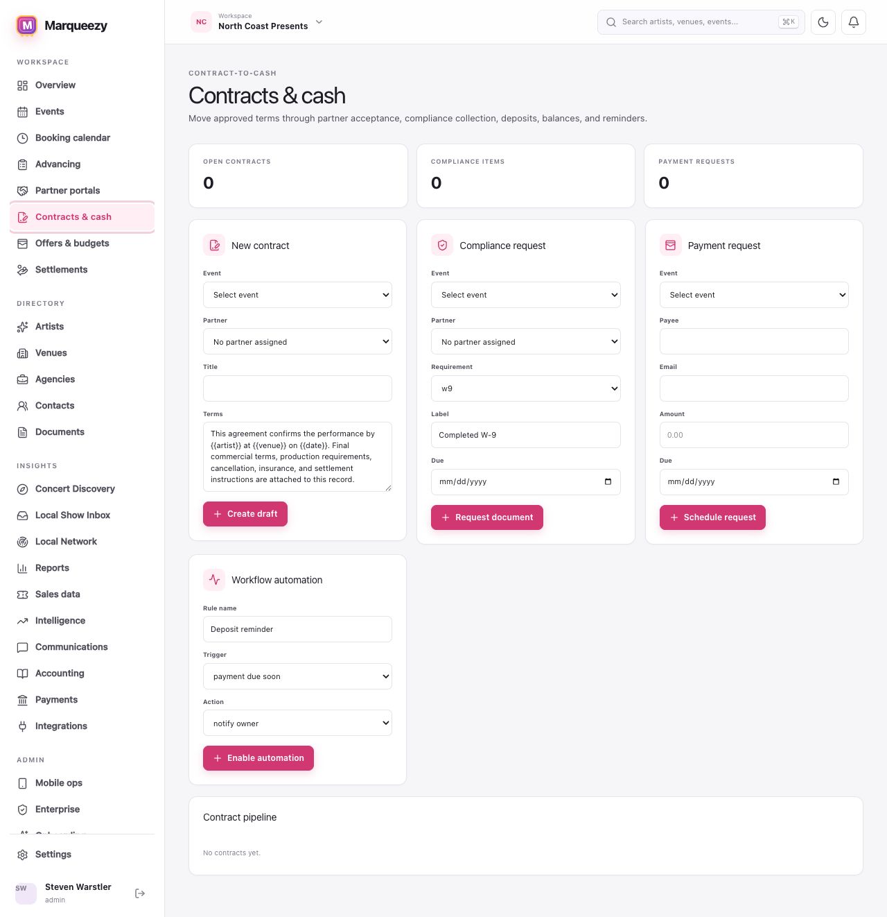 Contracts and cash screen with contract, compliance request, payment request, and automation forms.
