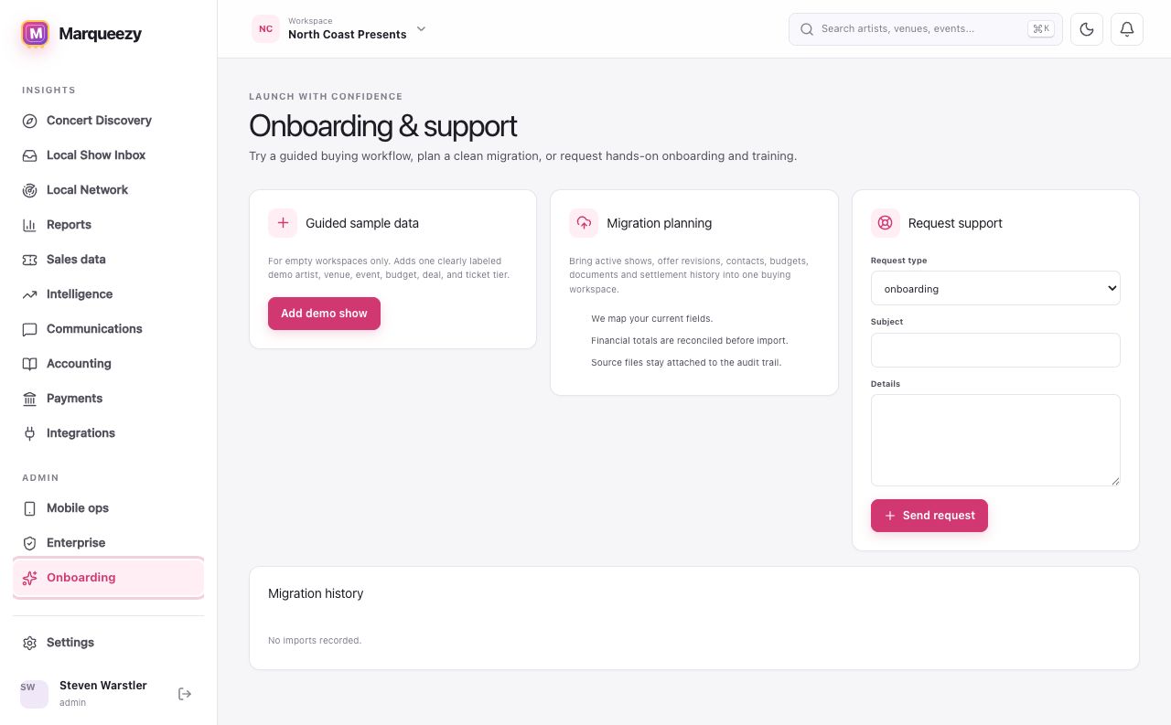 Marqueezy Onboarding screen with migration planning guidance and support intake.