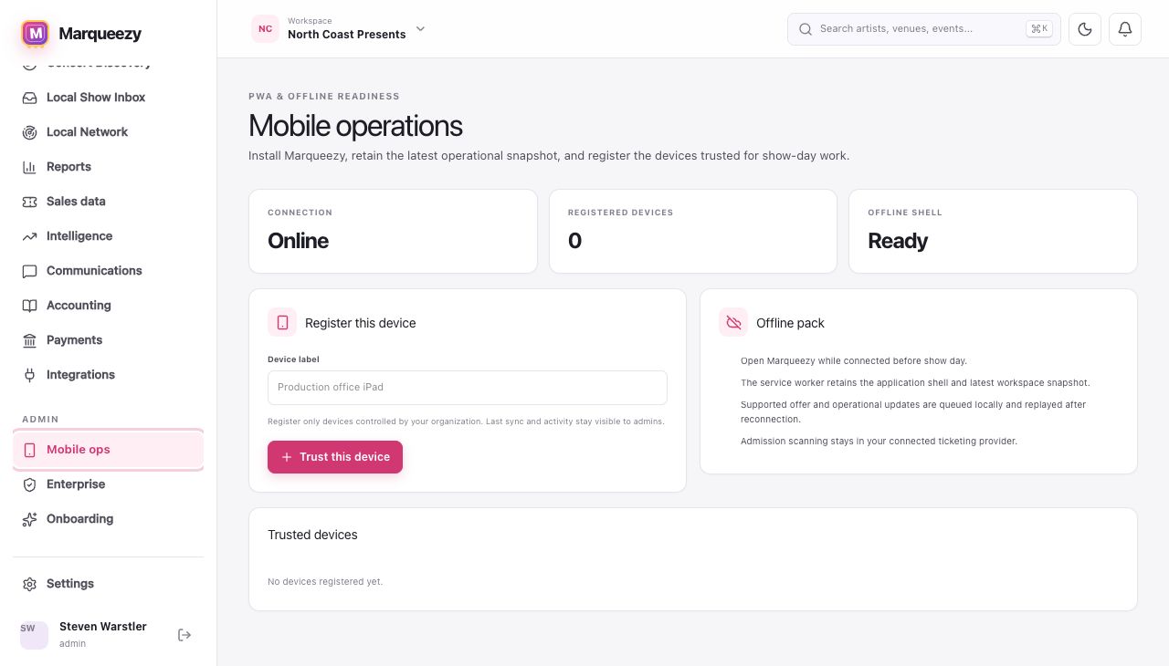Mobile operations screen with online status, device registration, and offline pack instructions.